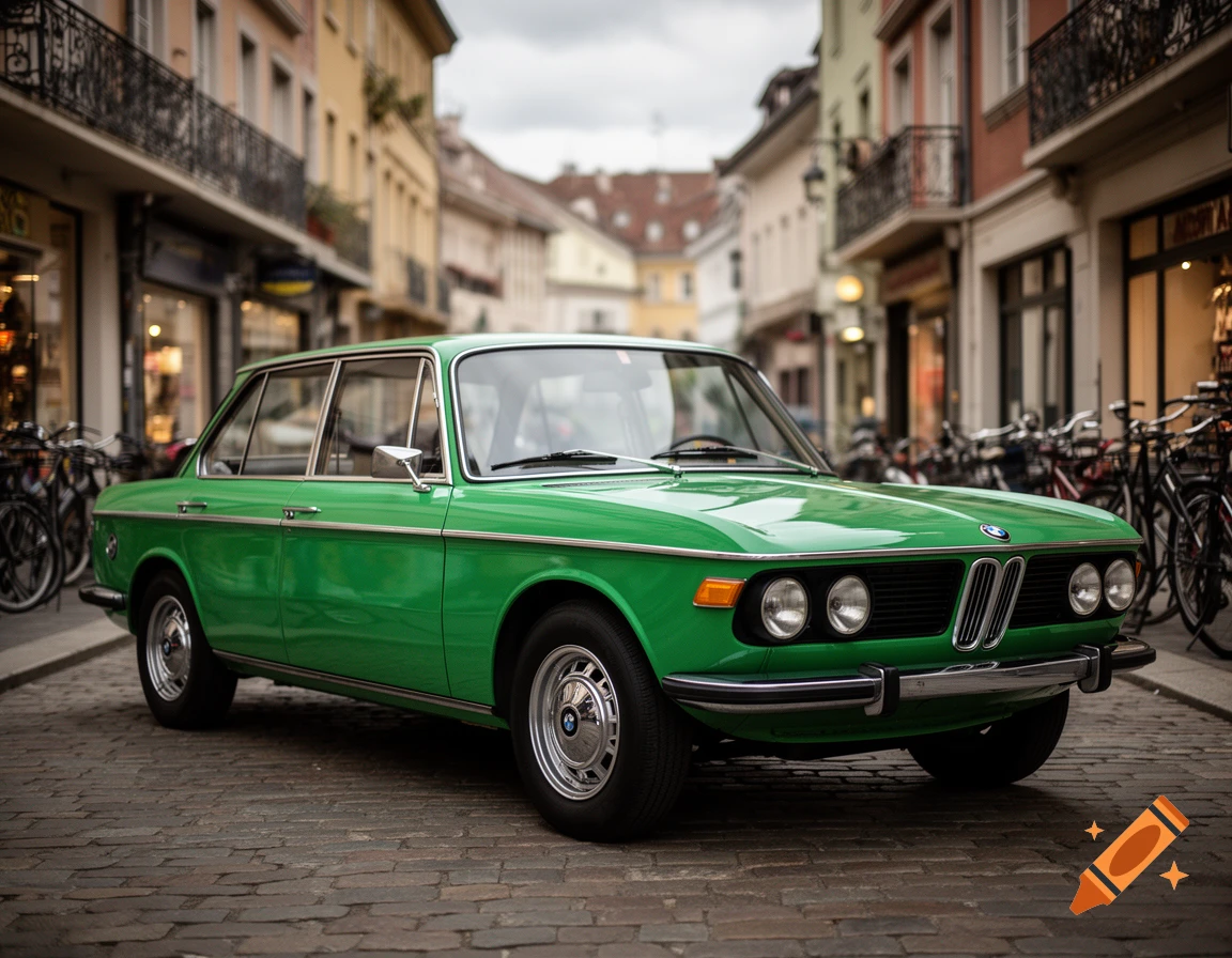 A vibrant green 1973 BMW 2000 Touring (e6) classic car is parked on a cobblestone street, with old European buildings and bicycles in the background. Photorealistic style.