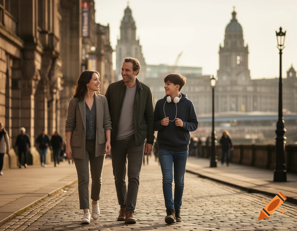A smiling family walks on a cobblestone city street with historic buildings in the background. Photorealistic style.