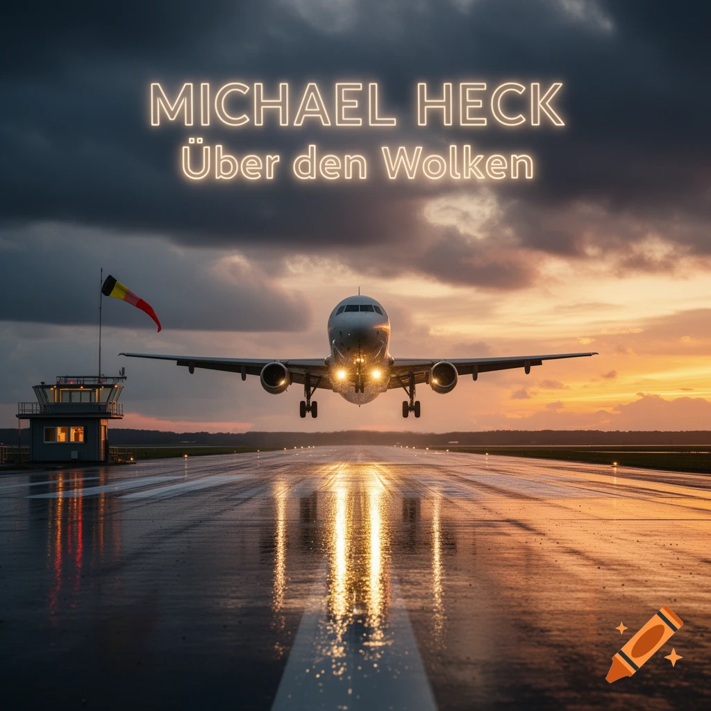 A commercial jet takes off from a wet runway at sunset, with a control tower and windsock. Text: 'MICHAEL HECK Über den Wolken'.