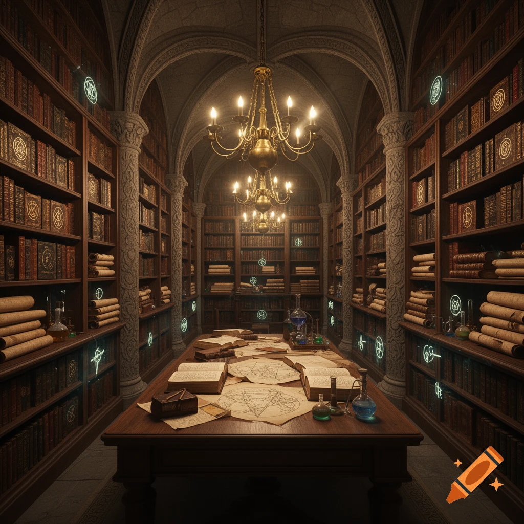 A grand, dark fantasy library with towering bookshelves, a long wooden table covered in open books, scrolls, and alchemical flasks, illuminated by chandeliers.