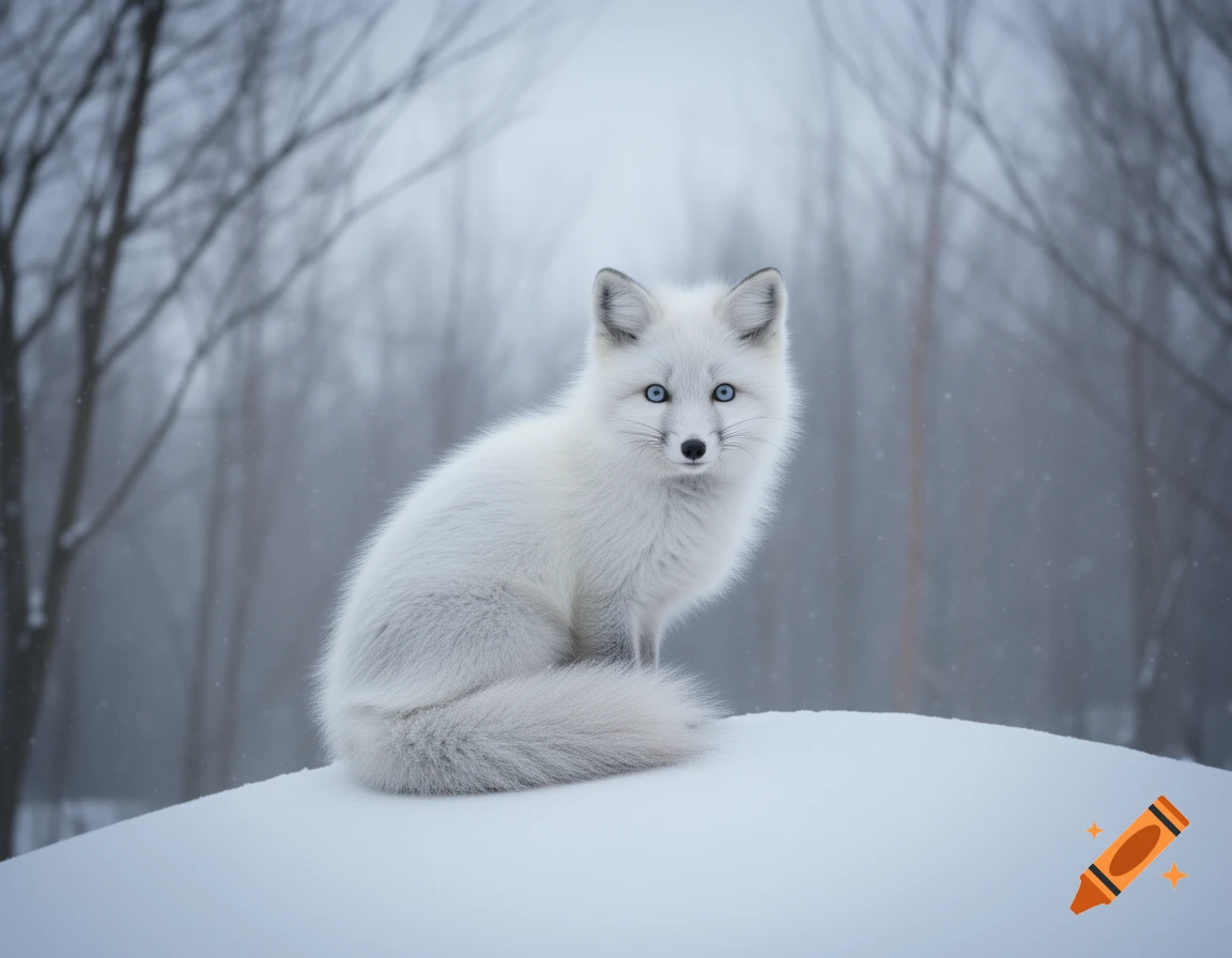 A white arctic fox with striking blue eyes sits on a snow-covered mound in a misty, bare winter forest.