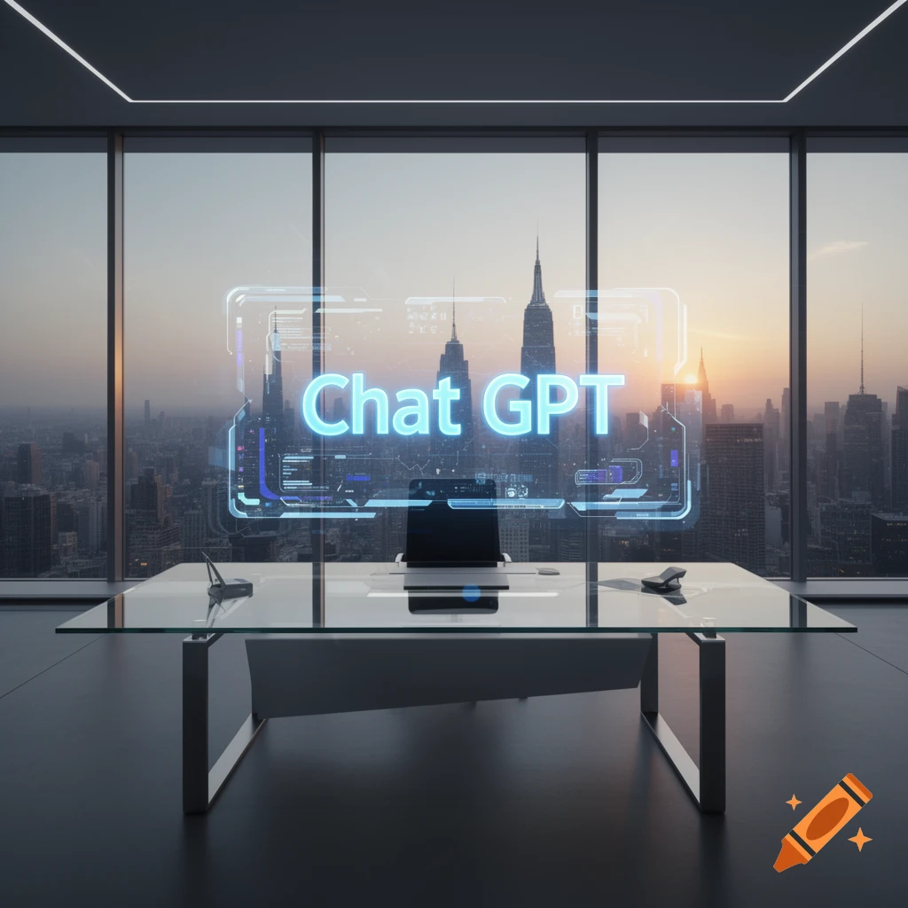 A modern office with a glass desk overlooking a cityscape at sunset, featuring a holographic 'Chat GPT' display.