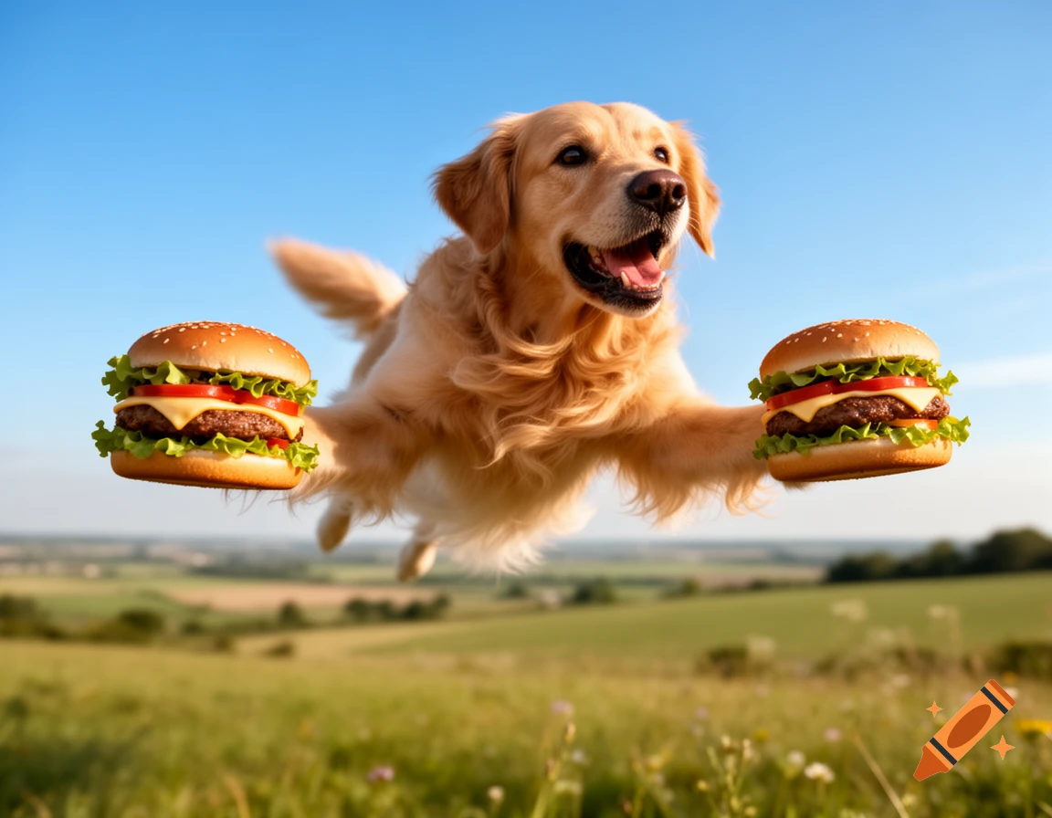 A photorealistic golden retriever dog flies through a blue sky over green fields, holding a hamburger in each paw.