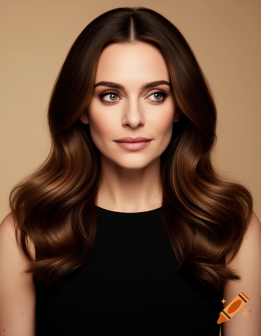 A beautiful woman with long, wavy brown hair and blue eyes, wearing a black top, looks slightly right against a beige background. Photorealistic.