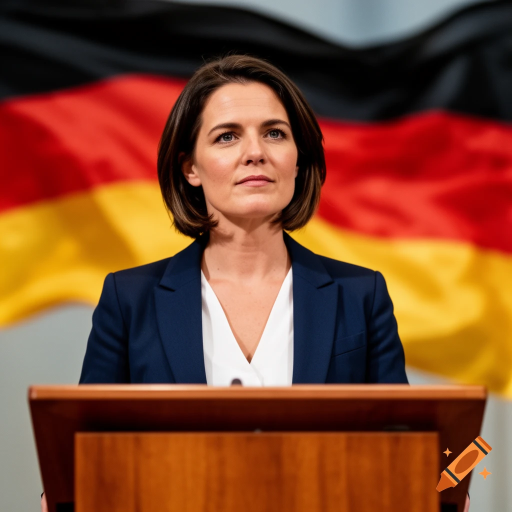 A woman with short brown hair in a blue blazer stands at a wooden podium, with a German flag behind her.