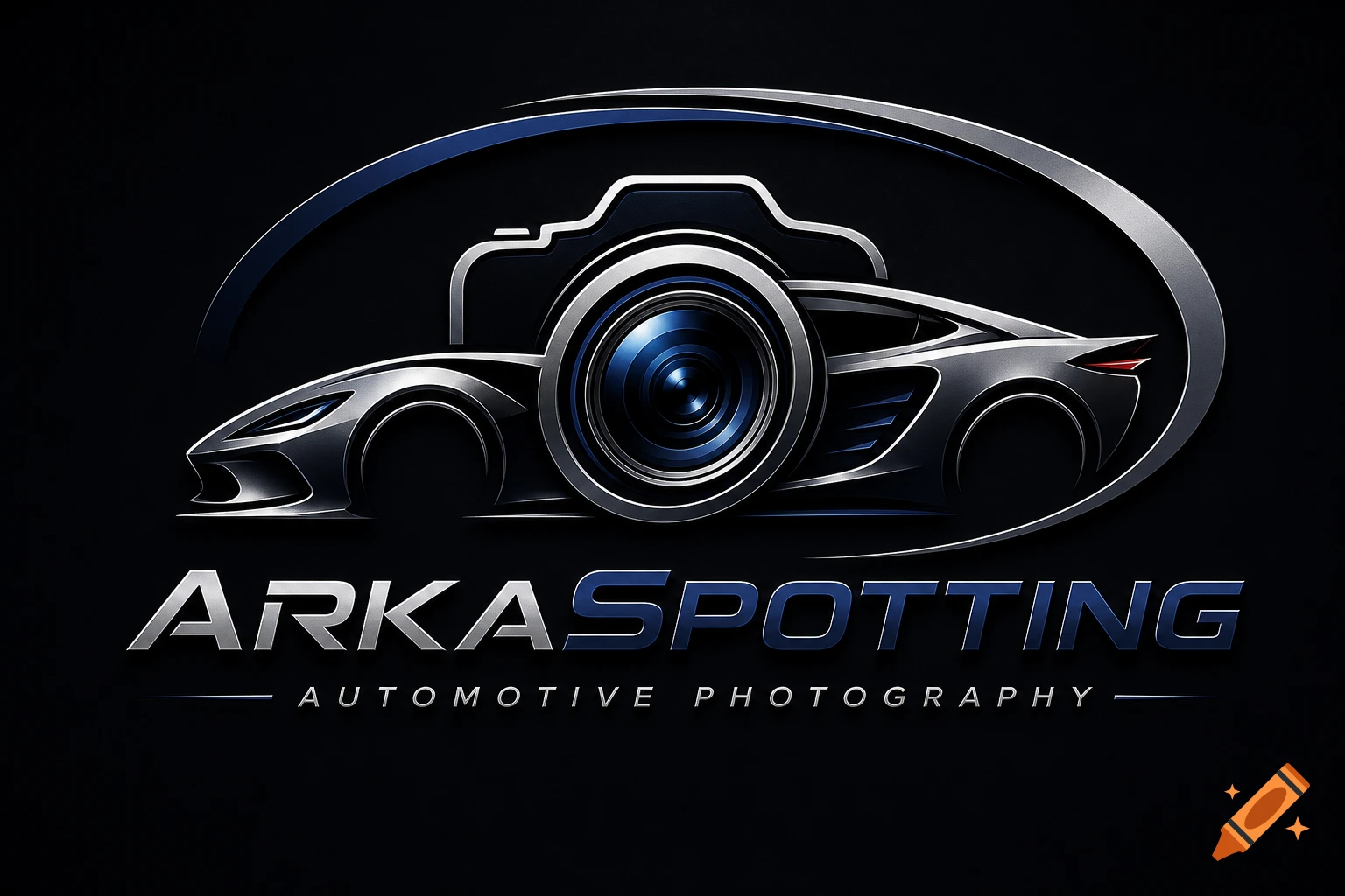 A sleek metallic logo combining a sports car and a camera lens, with the text 'ARKASPOTTING AUTOMOTIVE PHOTOGRAPHY' on a black background.