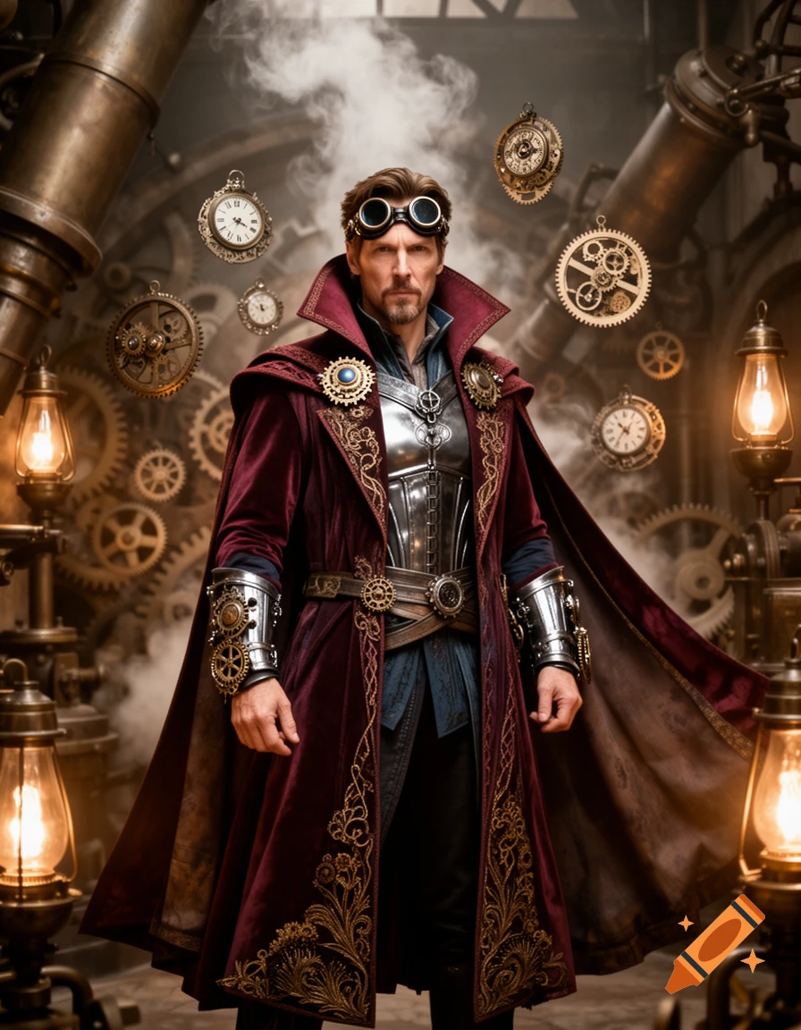 A man resembling Doctor Strange in elaborate steampunk attire, with goggles on his forehead, stands amidst gears and floating clocks in a misty, industrial setting.