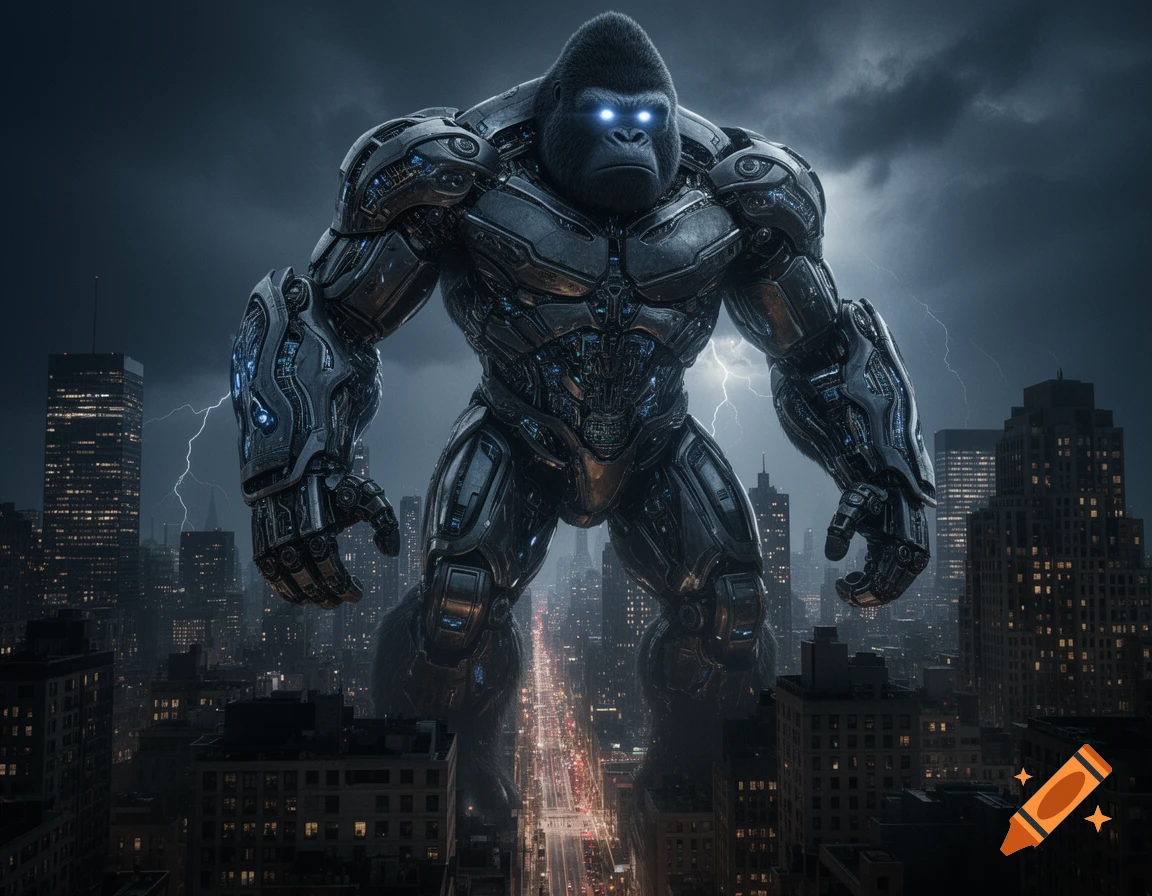 A giant, armored robot ape with glowing blue eyes stands menacingly over a bustling city street during a lightning storm.