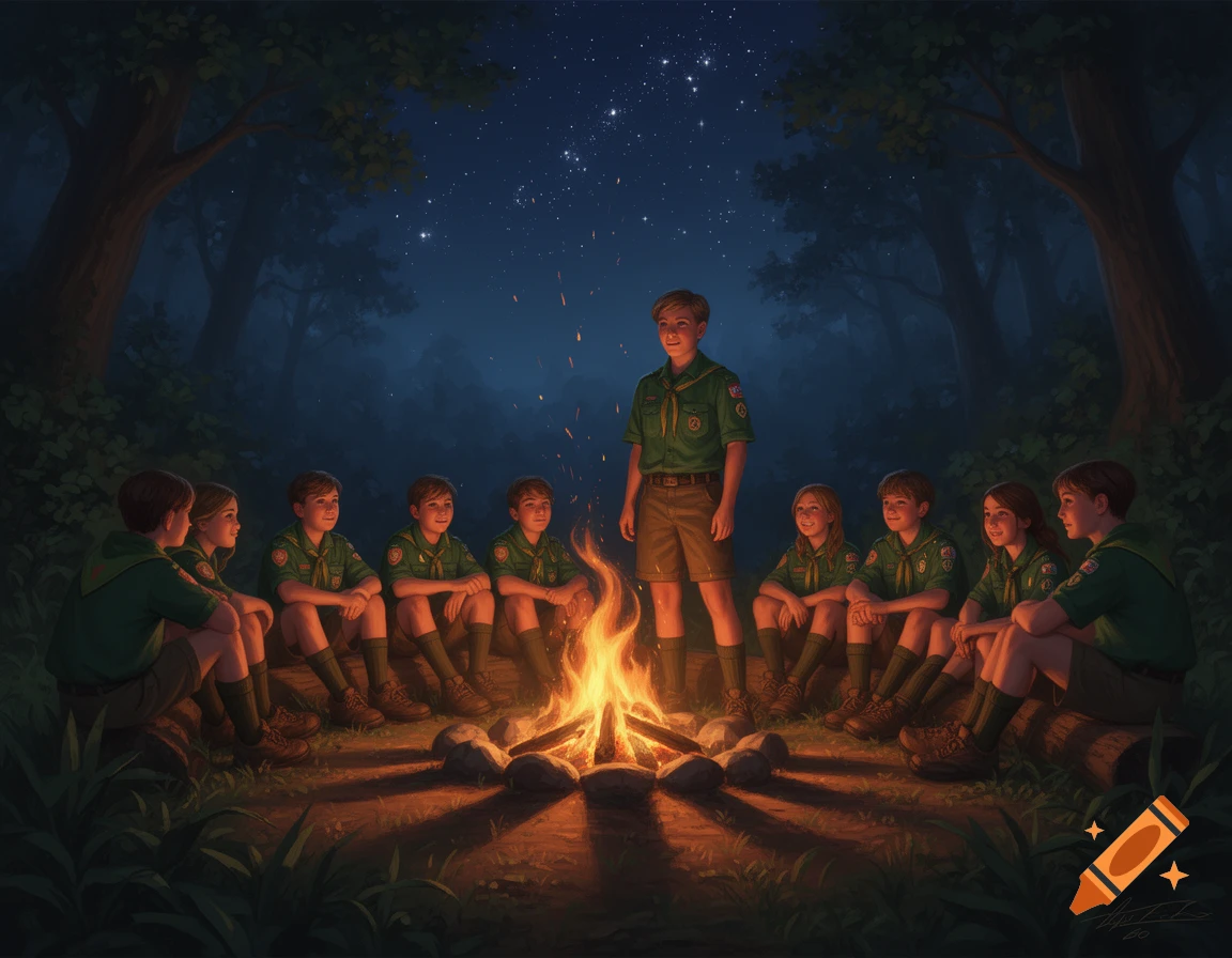 Digital painting shows young Scouts gathered around a campfire at night in a forest, under a starry sky, listening to a standing boy.