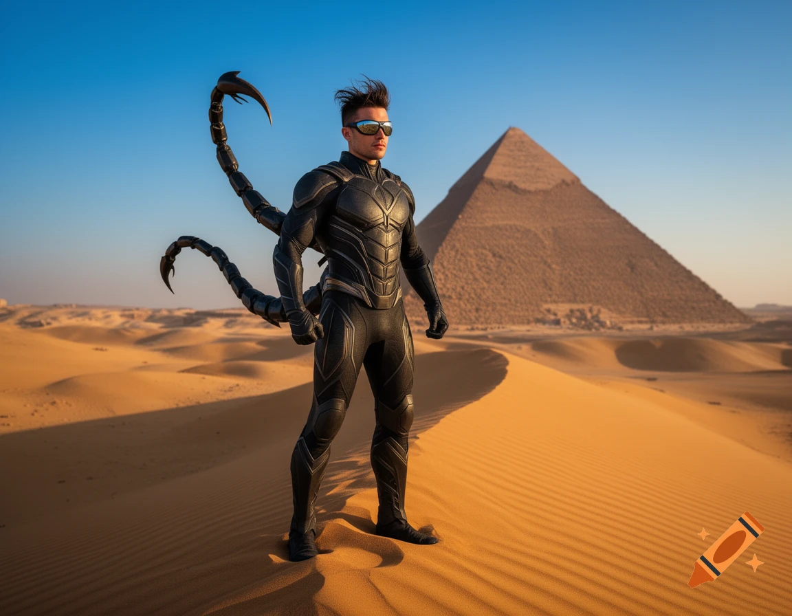 A male superhero with black scorpion tails and armor stands in a photorealistic desert with a large pyramid in the background.
