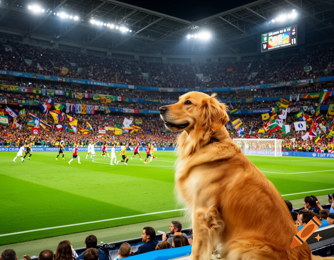 A golden retriever sits in a spectator box, looking out at a crowded football stadium during a nighttime match.