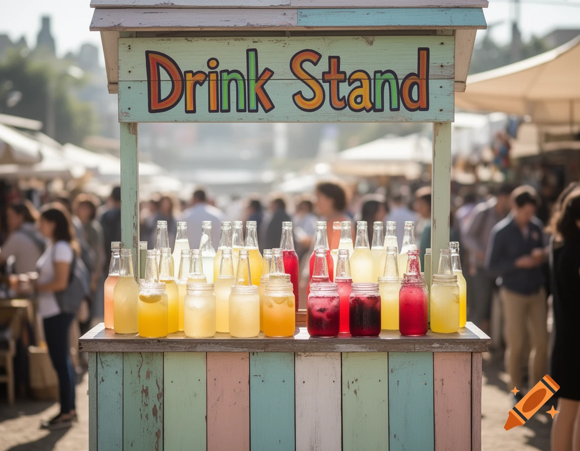 A colorful wooden drink stand with "Drink Stand" written on the sign, displaying various bottled beverages at an outdoor market.