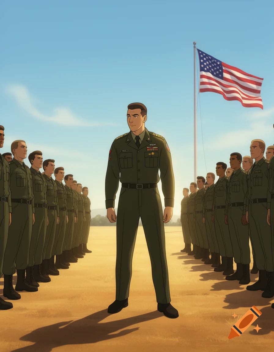 An animated U.S. Colonel stands facing a line of troops under a flying American flag.