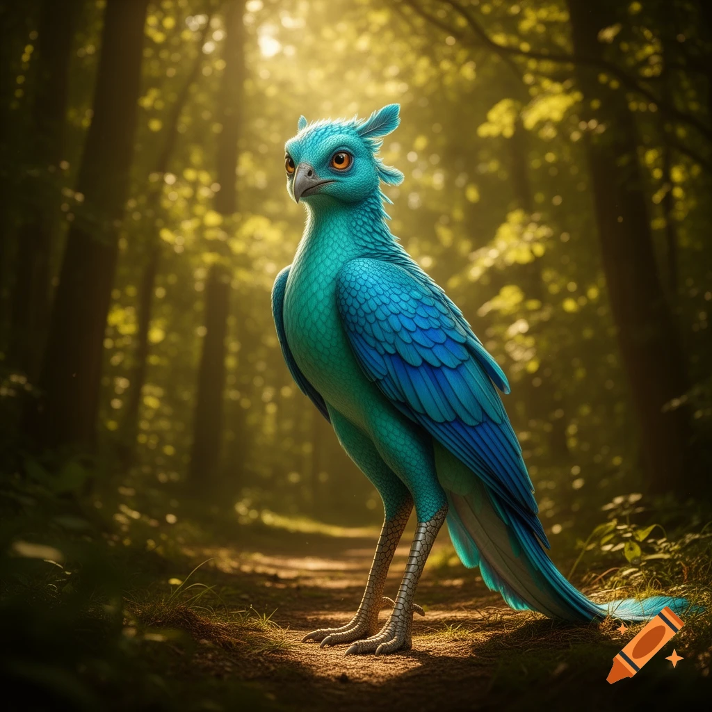 A majestic blue and teal feathered fantasy creature with orange eyes stands on a sunlit forest path.