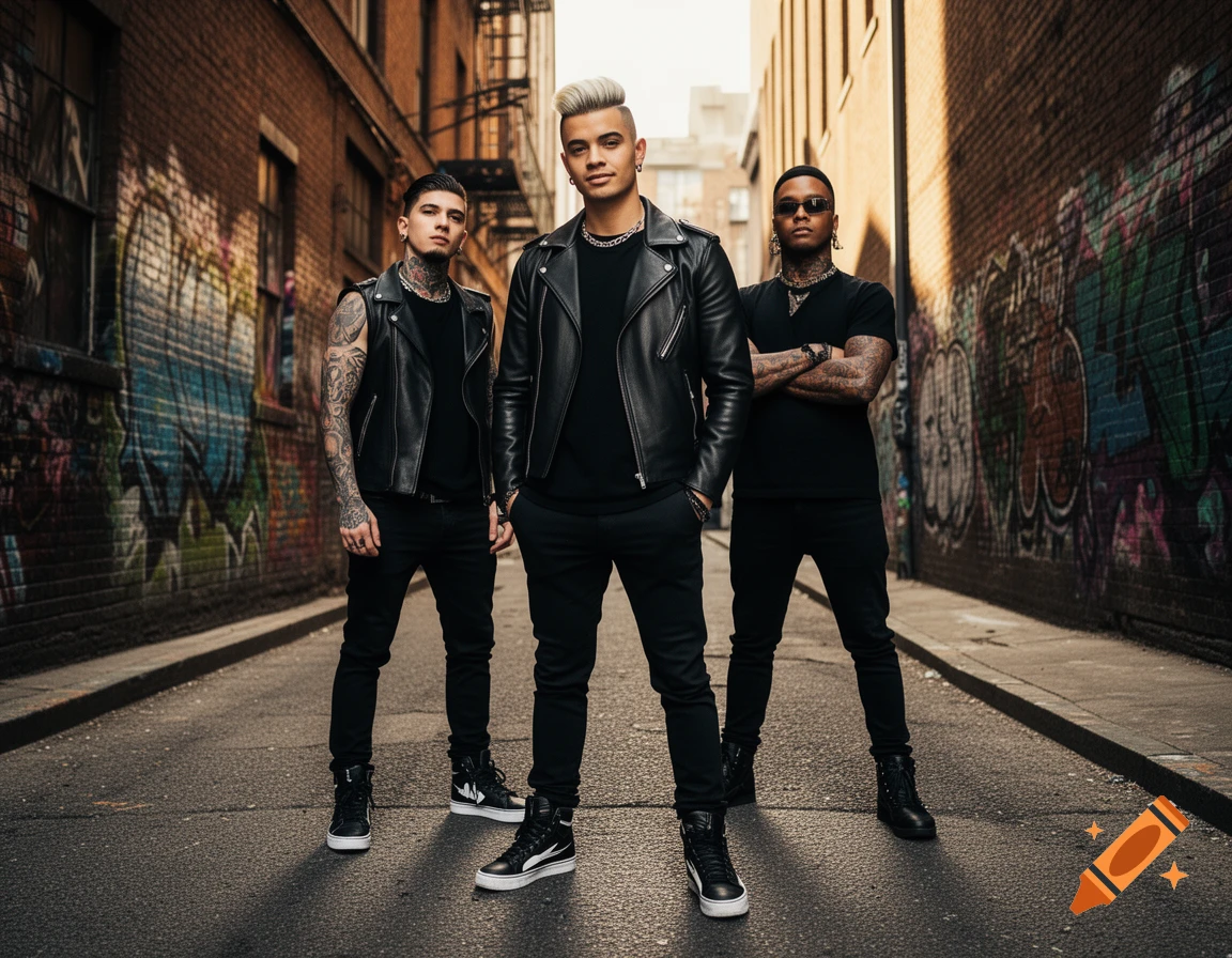 Three men in black leather jackets and streetwear pose confidently in a graffiti-covered brick alleyway.