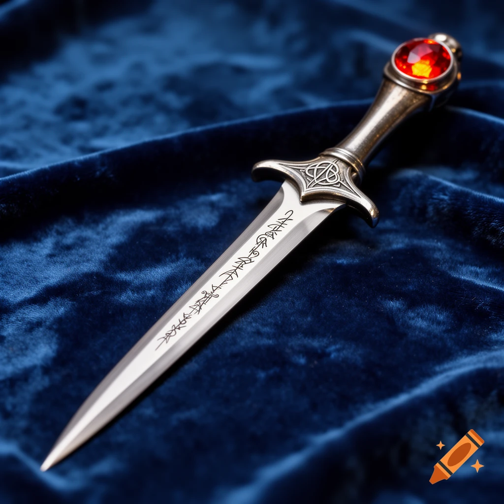 A silver stiletto dagger with elven markings and a red gem pommel rests on draped blue velvet.