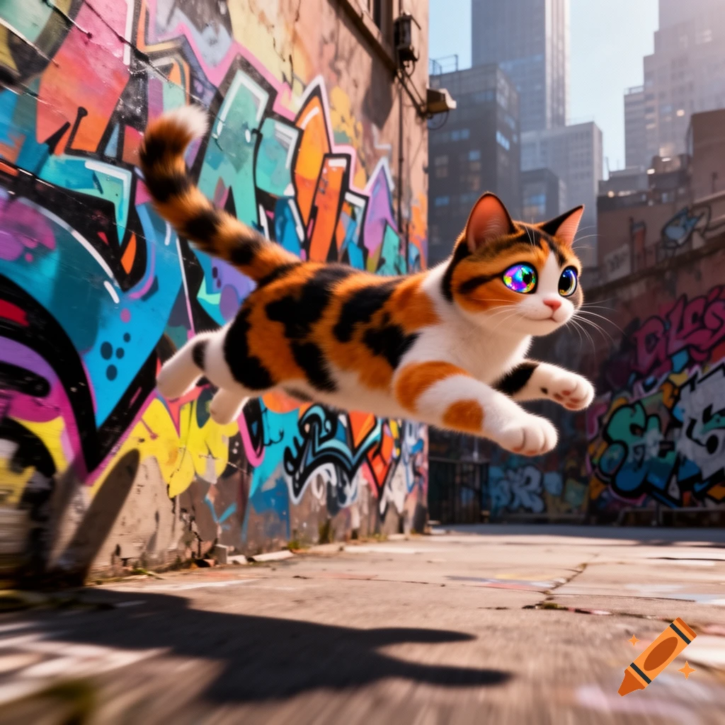 An animated calico cat with large rainbow-colored eyes leaps through a vibrant urban alleyway covered in colorful graffiti.