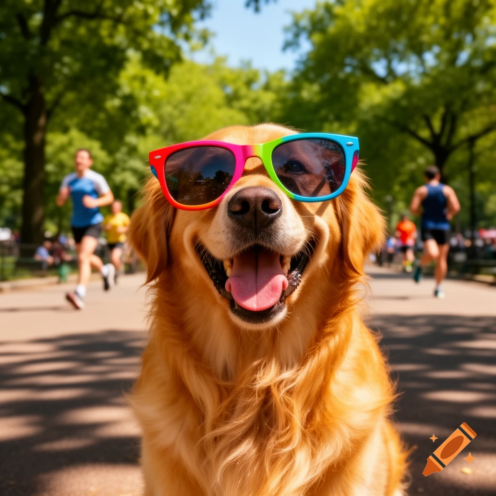A smiling golden retriever wearing rainbow-colored sunglasses with its tongue out, in a sunny park with blurry joggers in the background.