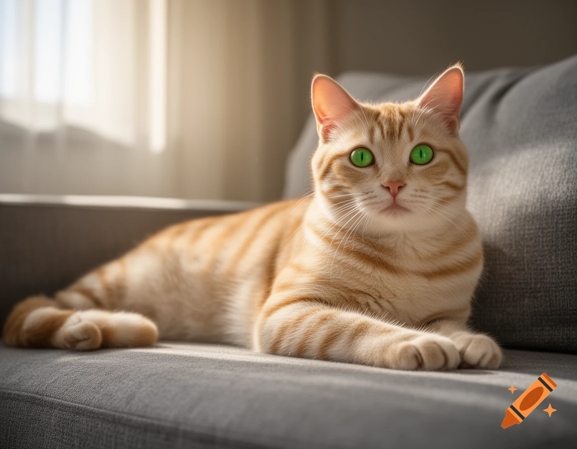 An orange tabby cat with bright green eyes lies on a gray couch, bathed in sunlight from a window.