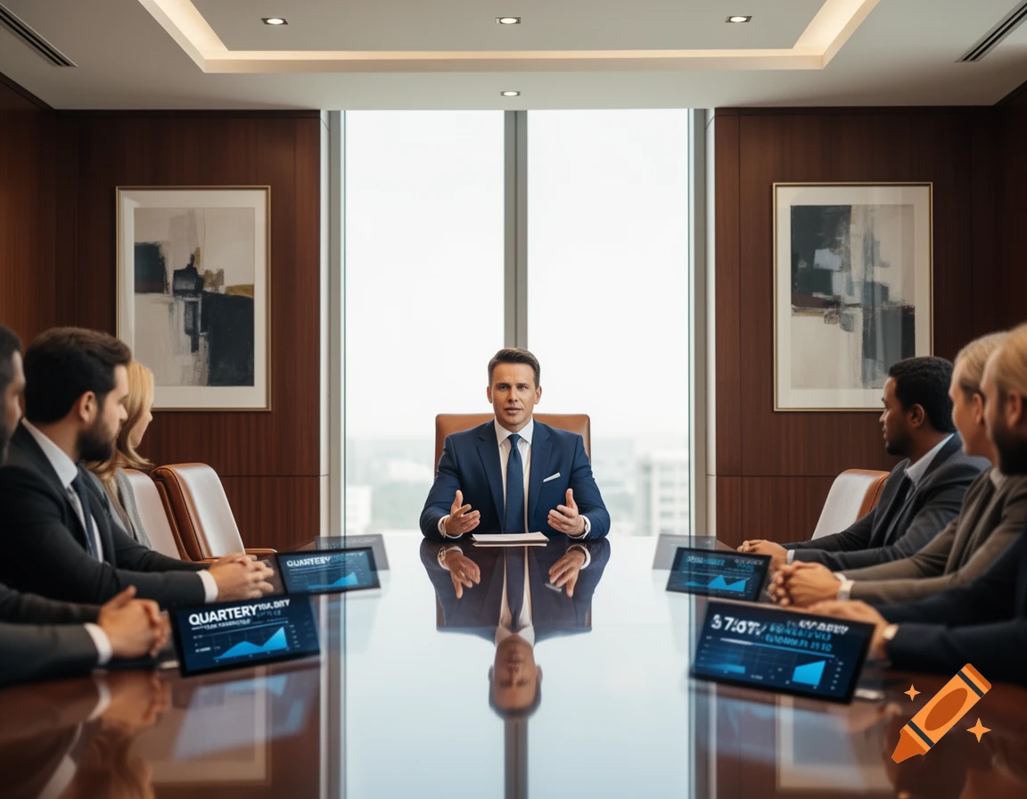 Photorealistic image of a CEO speaking at a large conference table in a modern boardroom, surrounded by other executives.