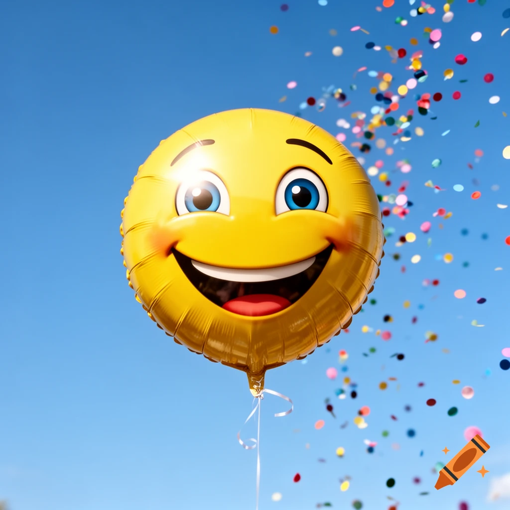 A yellow smiley face balloon with a wide smile and blue eyes floats in a clear blue sky, surrounded by falling colorful confetti.