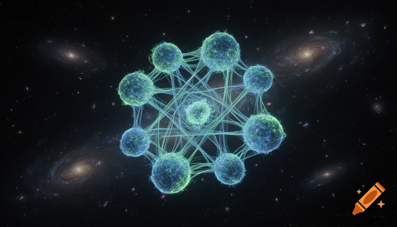 Luminescent, interconnected blue and green spherical particles float in deep space with multiple galaxies in the background.