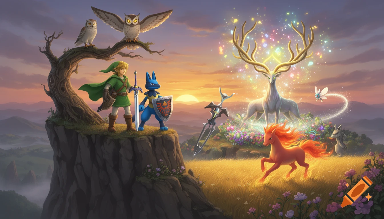 Link, Lucario, and two owls on a cliff overlooking a magical field with a glowing stag, fiery horse, and fairy at sunset.
