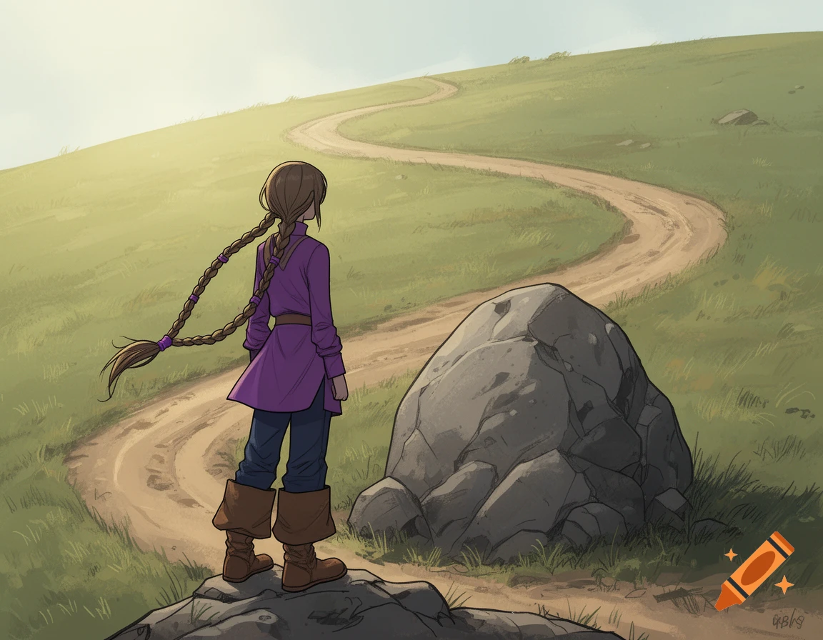 A young female traveler with long braids and a purple tunic stands on rocks, looking at a winding dirt road through a green landscape in a comic book style.