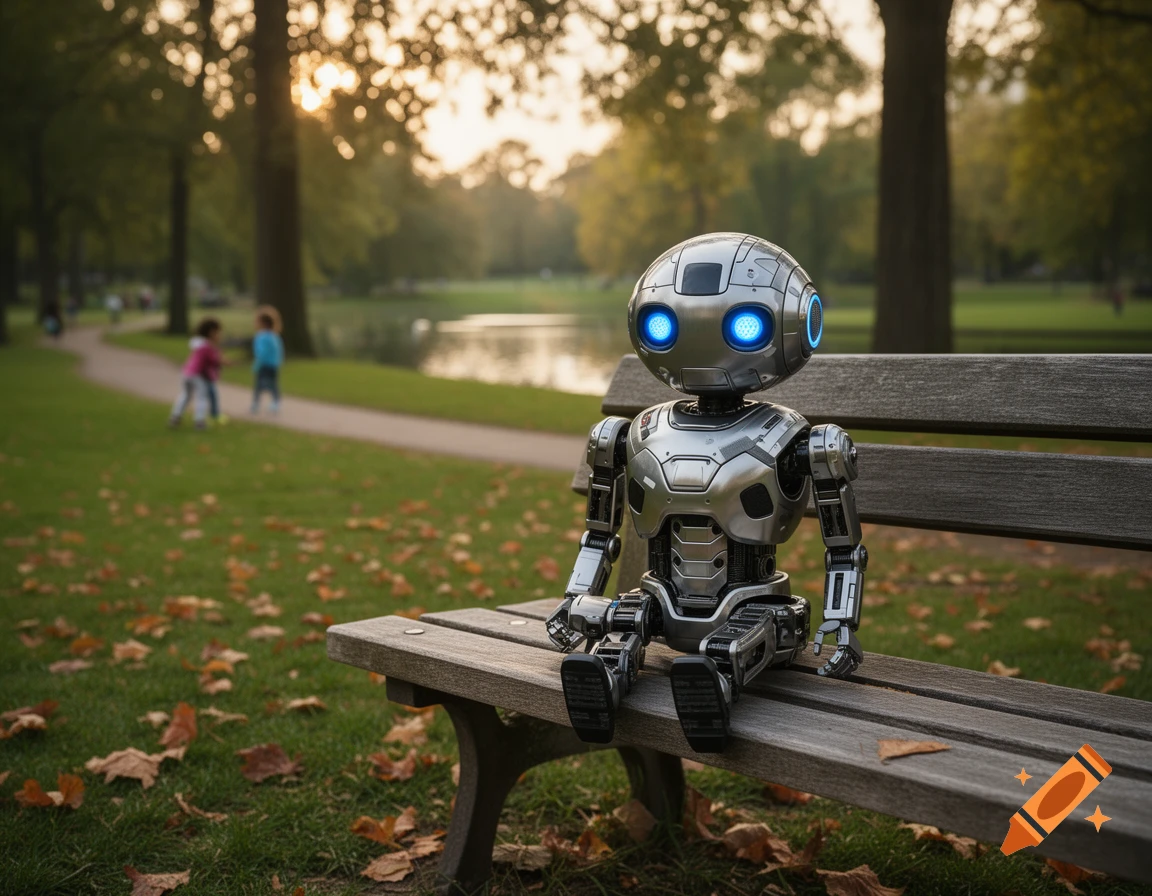 A small, silver-colored robot with glowing blue eyes sits on a wooden park bench in a sunny, autumn park.