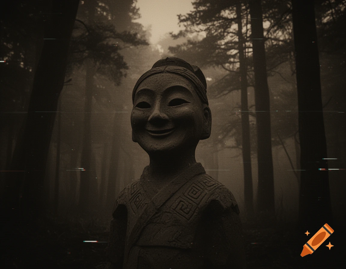 A stone statue of a smiling Haniwa in a dark, foggy forest with a VHS analog horror aesthetic and glitches.
