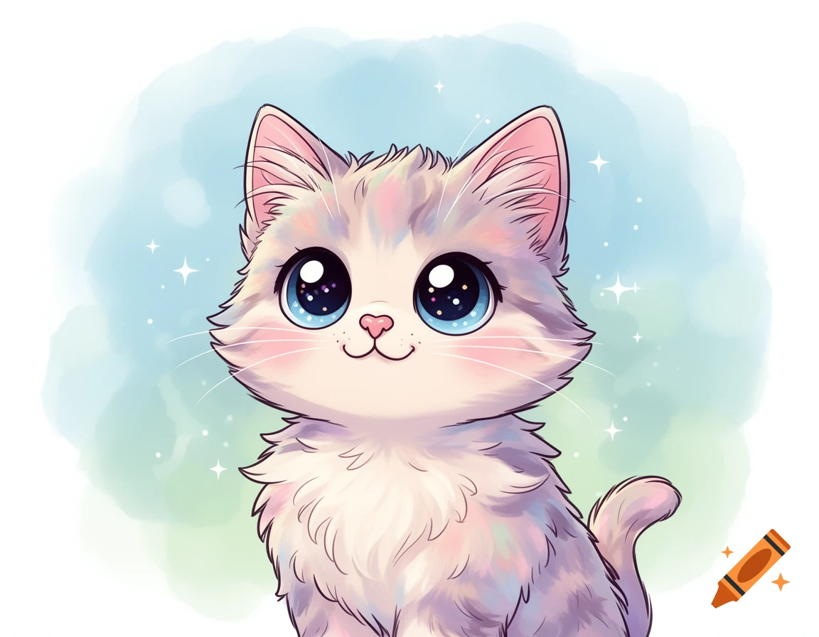 Cute cartoon cat with big blue eyes and pastel fur, looking up against a sparkling watercolor background.