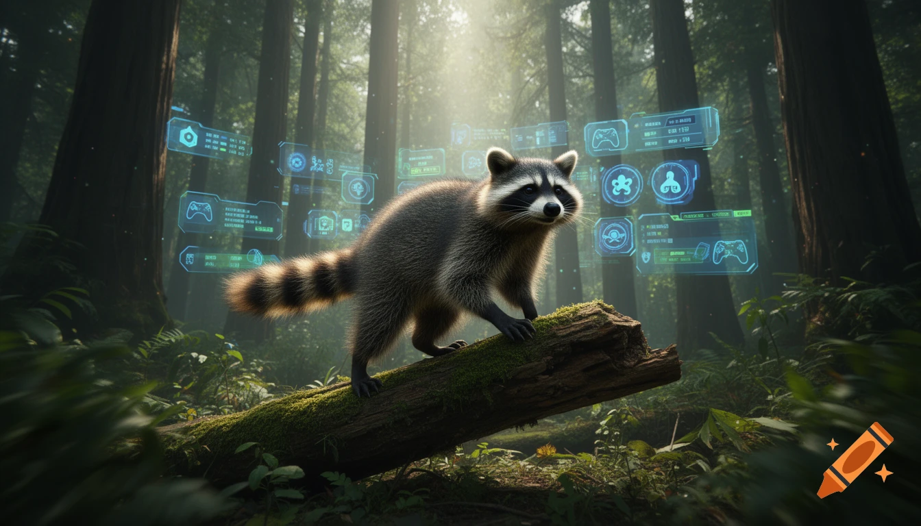 A photorealistic raccoon stands on a mossy log in a sunlit forest, surrounded by blue glowing holographic video game interface elements.