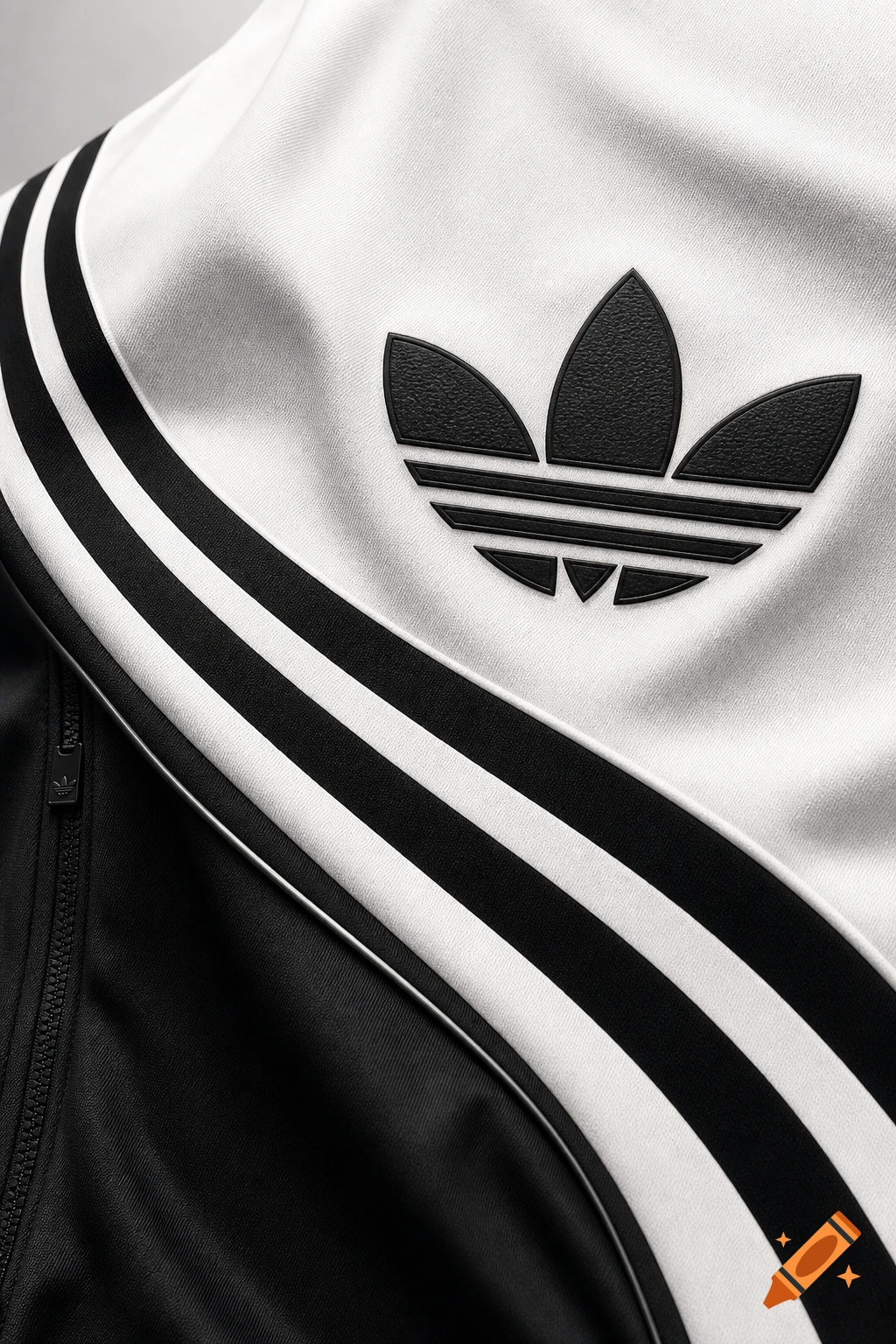 Close-up of a black and white Adidas track jacket with the trefoil logo and three stripes. Photorealistic.