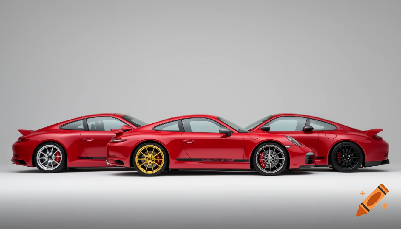 Three red Porsche 911 cars in Guards Red, side by side, on a neutral studio background, each with different wheels and red brake calipers.