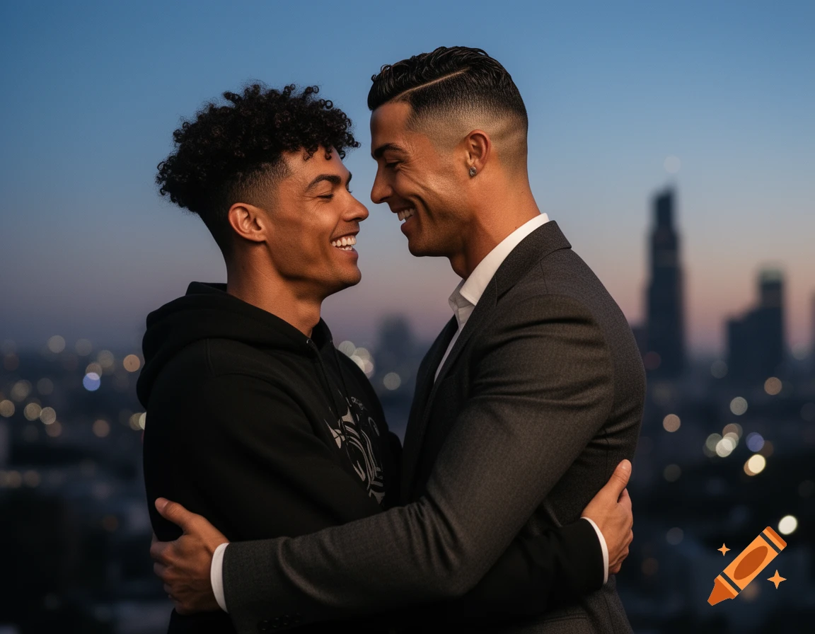 Two men, one with curly hair in a black hoodie and another in a suit, smile and embrace against a city skyline at dusk.