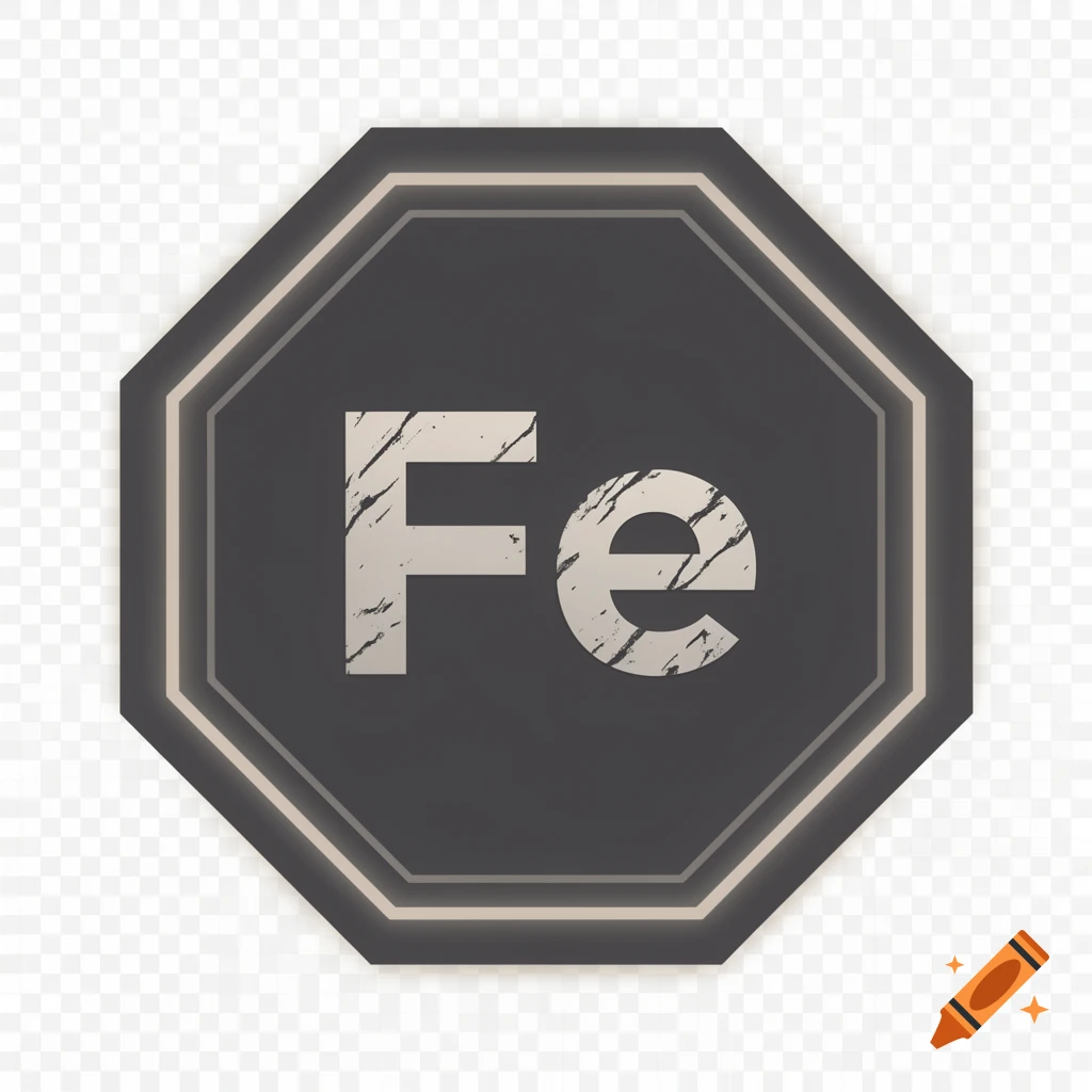 A dark gray octagonal sci-fi icon with a glowing border and textured 'Fe' symbol for Iron.