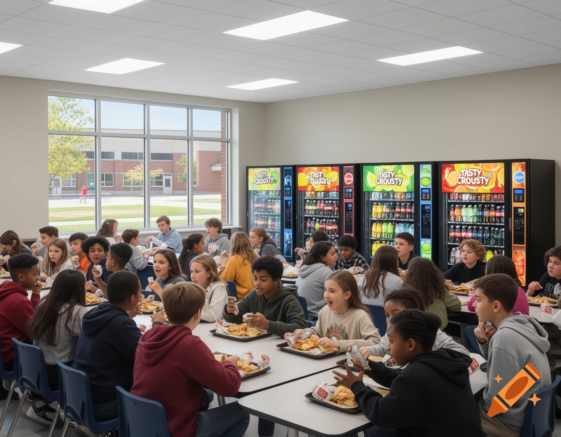 Students eat lunch at tables in a bright school cafeteria with vending machines along the wall.