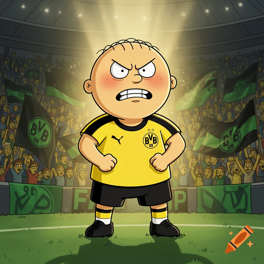 An angry cartoon character resembling Ralph Wiggum in a yellow and black BVB football jersey, standing on a pitch in a crowded stadium filled with cheering fans waving BVB flags. Stylized illustration.