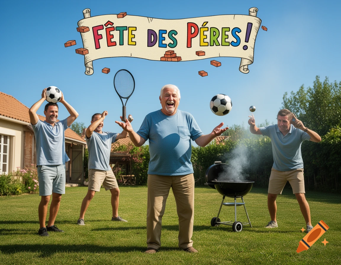 A joyous group of men playing sports and grilling in a sunny backyard with a 'Fête des Pères!' banner overhead.