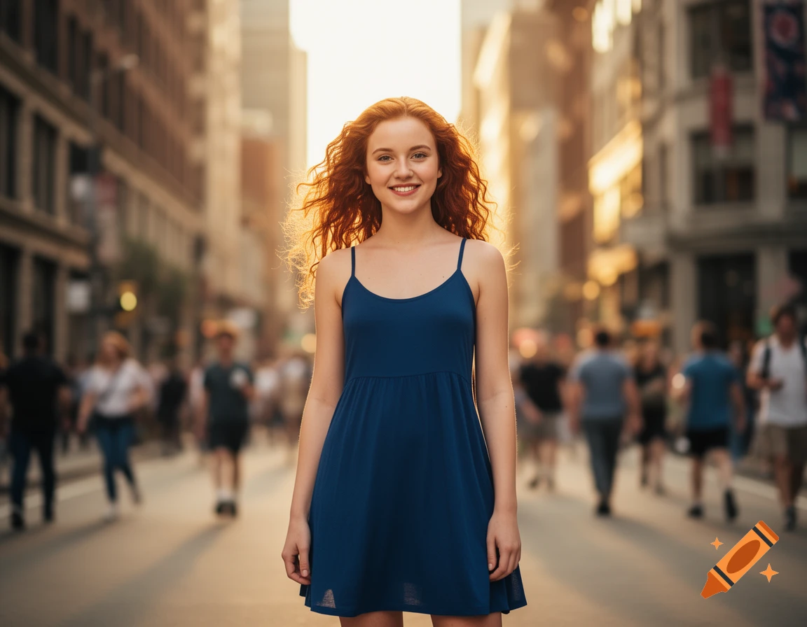 A smiling young woman with red curly hair in a blue sundress stands on a city street at sunset, with blurred people and buildings in the background.
