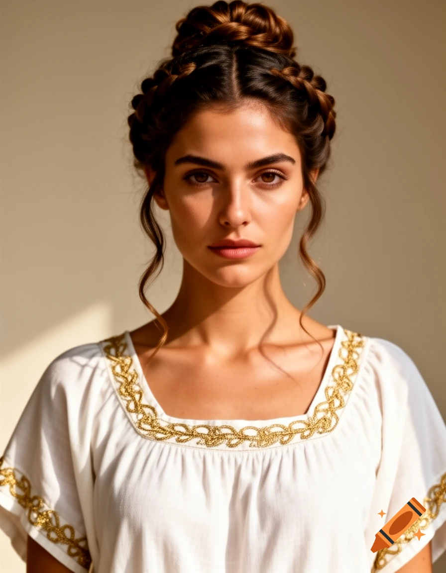 A photorealistic portrait of a Greek woman with braided hair styled in a bun, wearing a white tunic with gold embroidery.