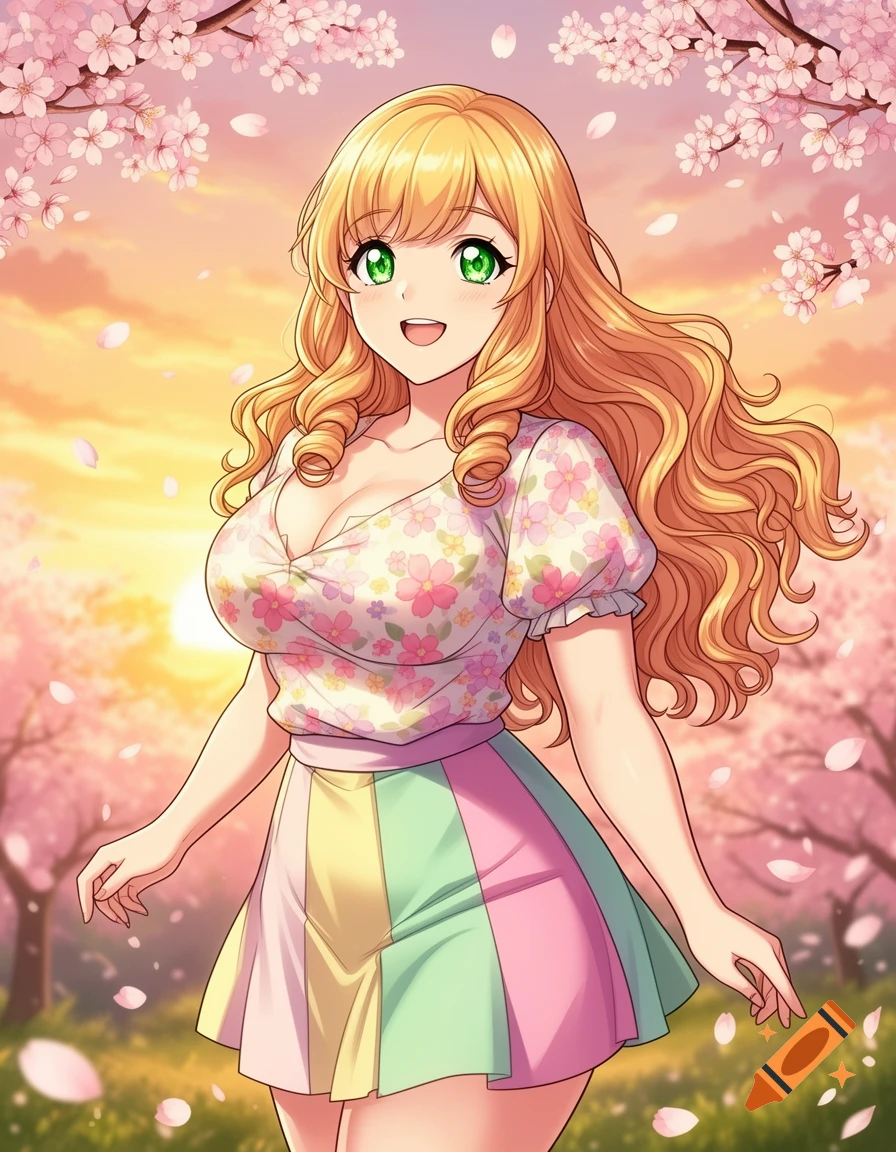 Anime girl with blonde hair and green eyes, smiling in a floral top and colorful skirt, surrounded by pink cherry blossoms at sunset.