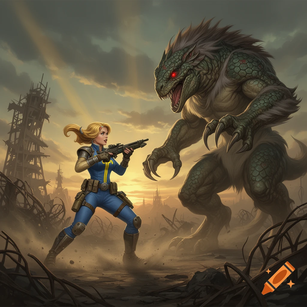 A blonde woman in a blue Vault Suit aims a shotgun at a large, green, scaly monster with red eyes in a post-apocalyptic wasteland at sunset.