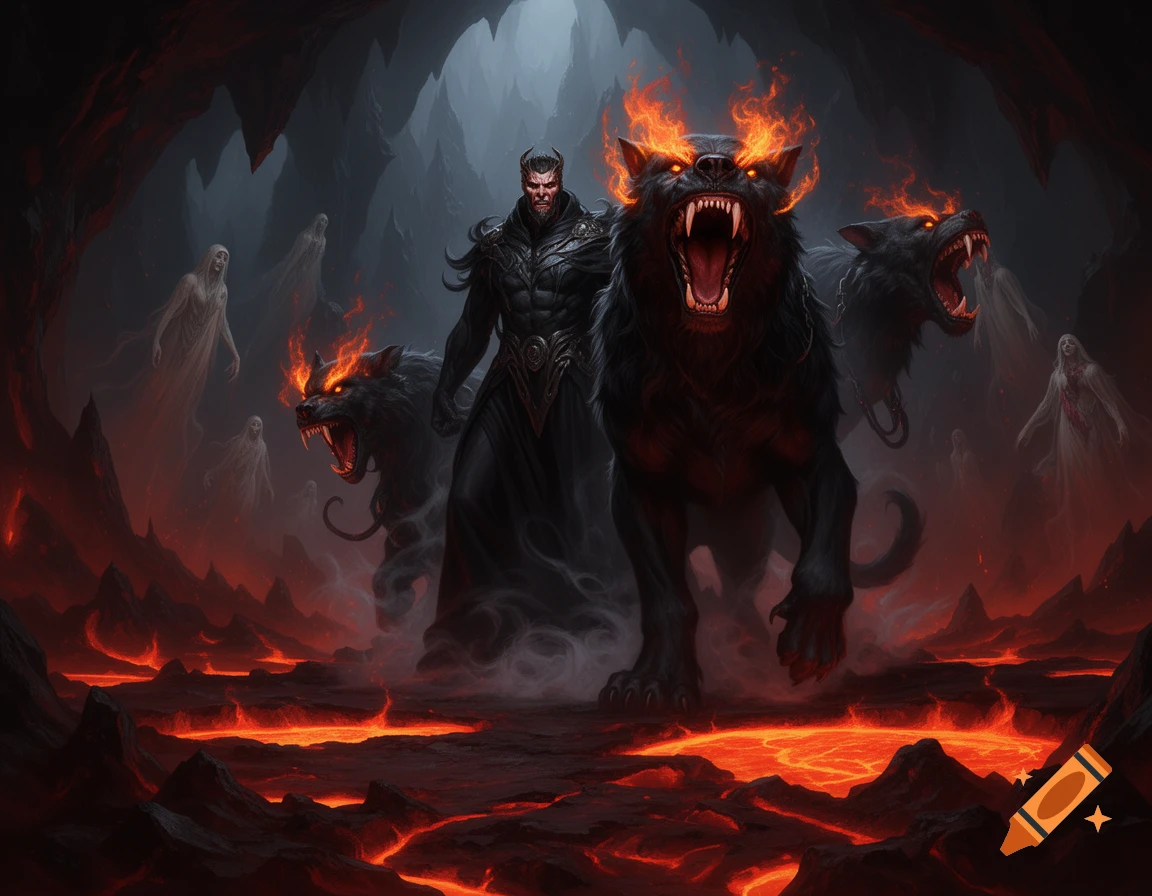 Hades stands with his three-headed hellhound Cerberus in a fiery underworld, surrounded by ghostly figures in a dark fantasy art style.