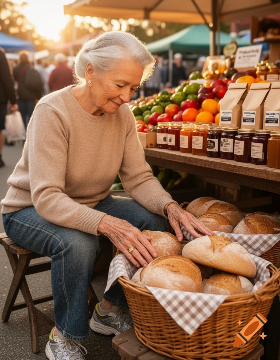 An elderly woman sits by a sunny market stall, arranging loaves of bread in a basket next to colorful fruits and jars of jam.
