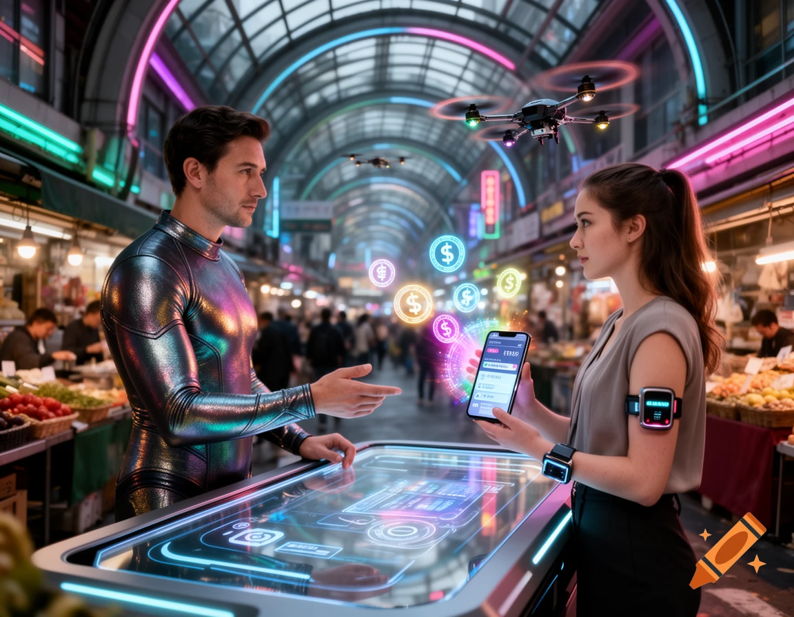 A man and woman in a futuristic market exchange digital currency via a glowing interactive table, phone, and drones, photorealistic.