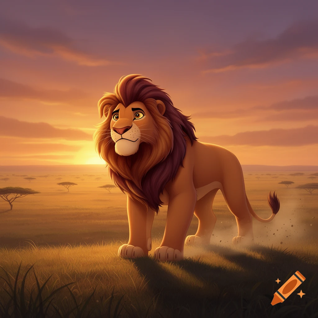 A majestic cartoon lion with a reddish-brown mane stands in a golden savanna at sunset, looking forward.