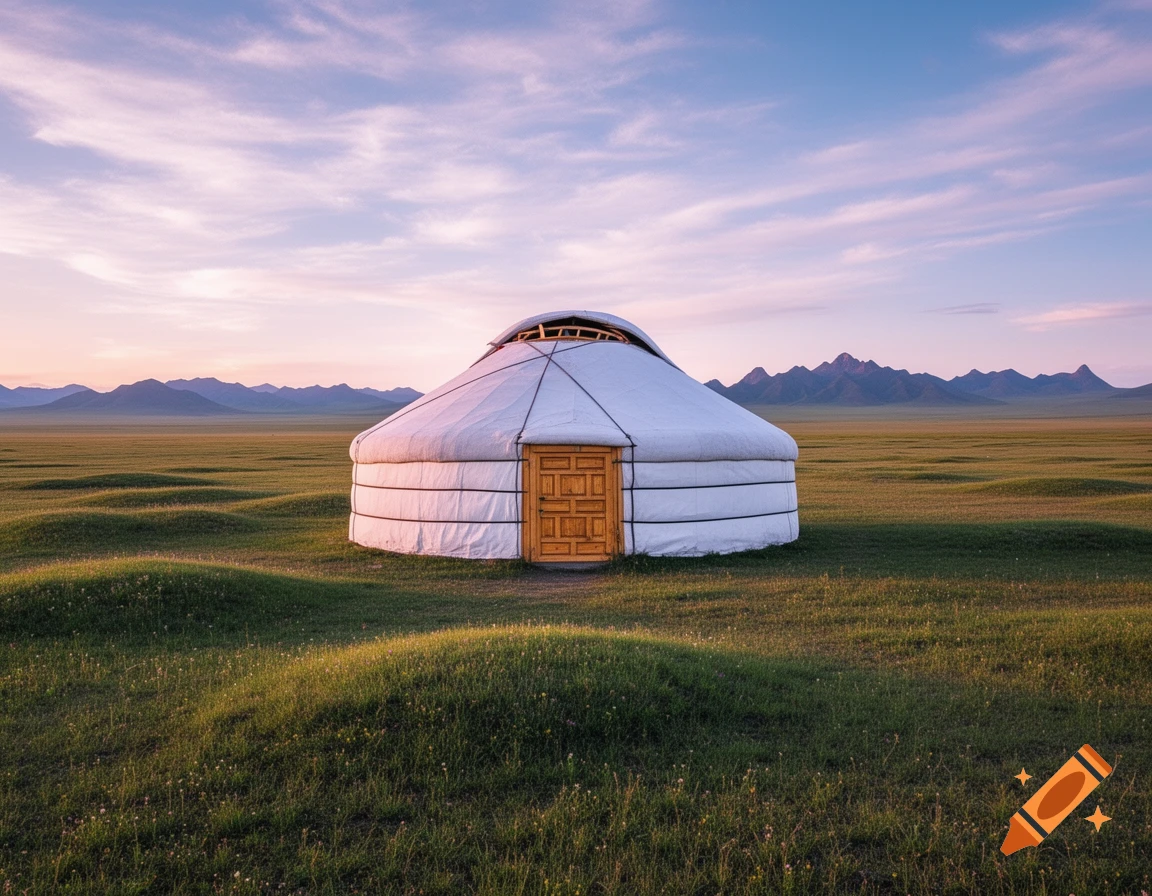 A white Mongolian yurt stands on a green, rolling grassland under a soft, pastel sunset sky with distant mountains. Photorealistic.