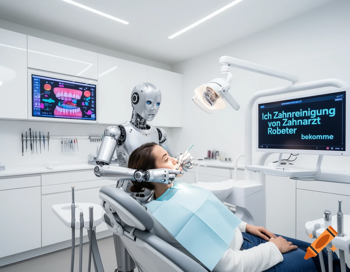 A robot dentist performs a dental cleaning on a patient in a modern, brightly lit dental office. Text on a screen says "Ich Zahnreinigung von Zahnarzt Robeter bekomme".