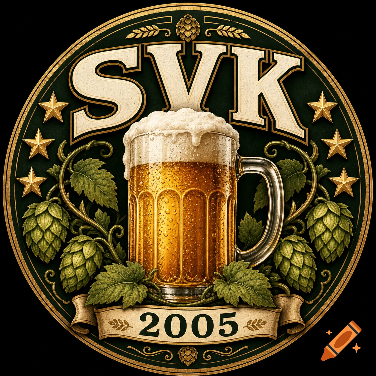 Circular green and gold logo with "SVK" above a frothy beer mug, "2005" below, surrounded by hop cones and gold stars.